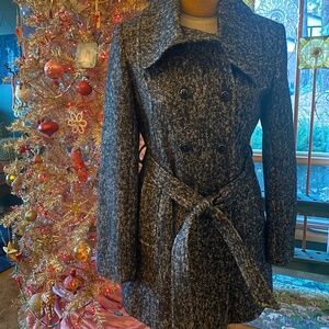 DKNY Women's 8 Black Ecru Tweed Collar Wool Blend Belted Peacoat Jacket Cropped